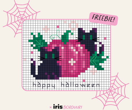 Gratis kruissteekpatroon Halloween: roze pompoen met zwarte katjes