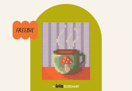 Gratis herfst kruissteekpatroon: kop koffie met paddenstoel