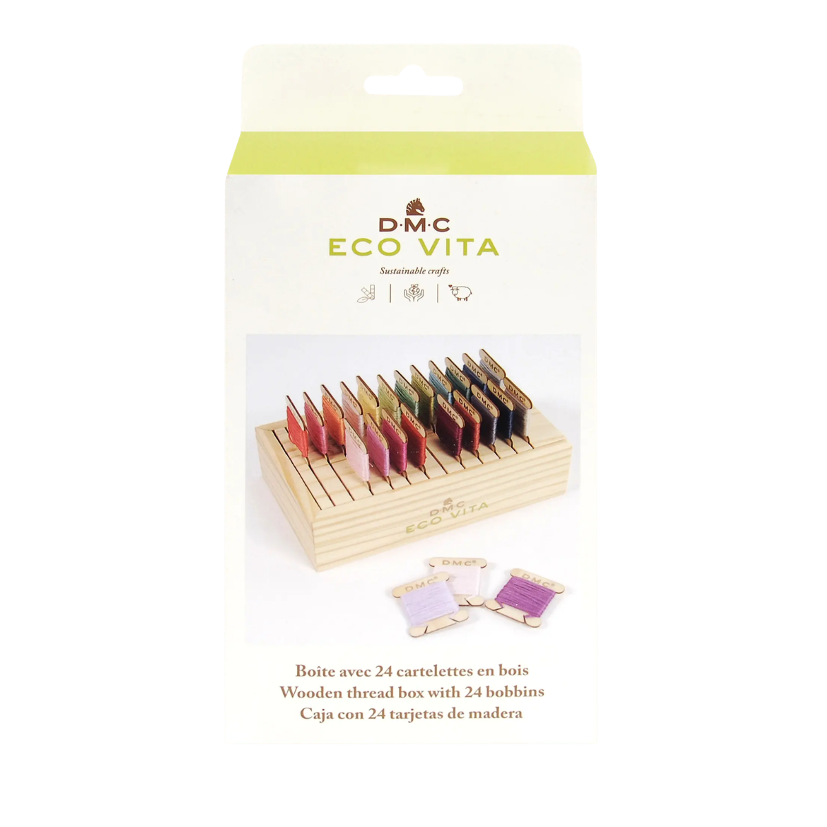 DMC houten box voor opbergen van garen met wikkelkaartjes