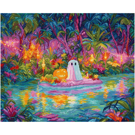 Glow Ghost Cove - Spookje en pompoen op tropisch strand - LetiStitch borduurpakket -bestellen bij Iris Borduurt