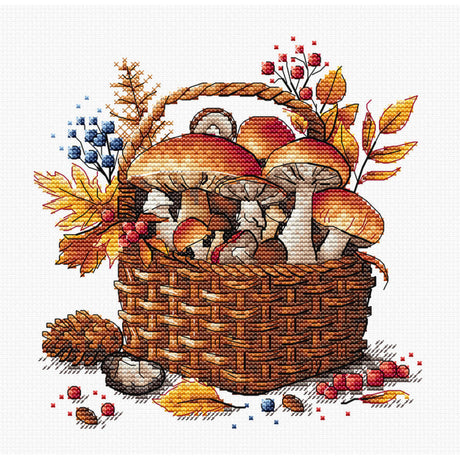 Basket of Autumn Mushrooms - Paddenstoelen in mandje borduurpakket -bestellen bij Iris Borduurt