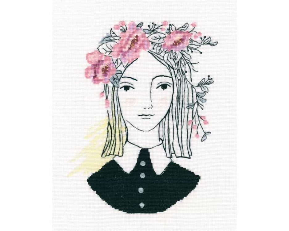 borduurpakket meisje met bloemen in haar haren