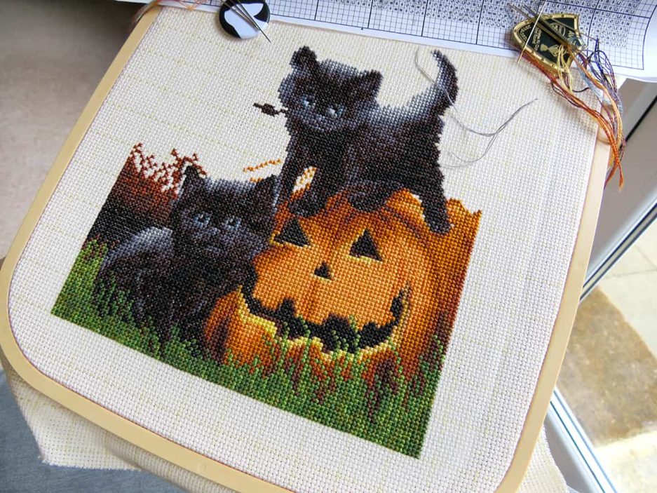 Halloween borduurpakket zwarte kat pompoen