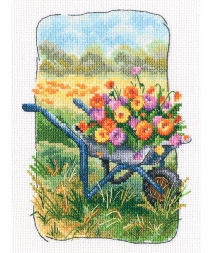 Kruiwagen met bloemen borduren kruissteek borduurpakket